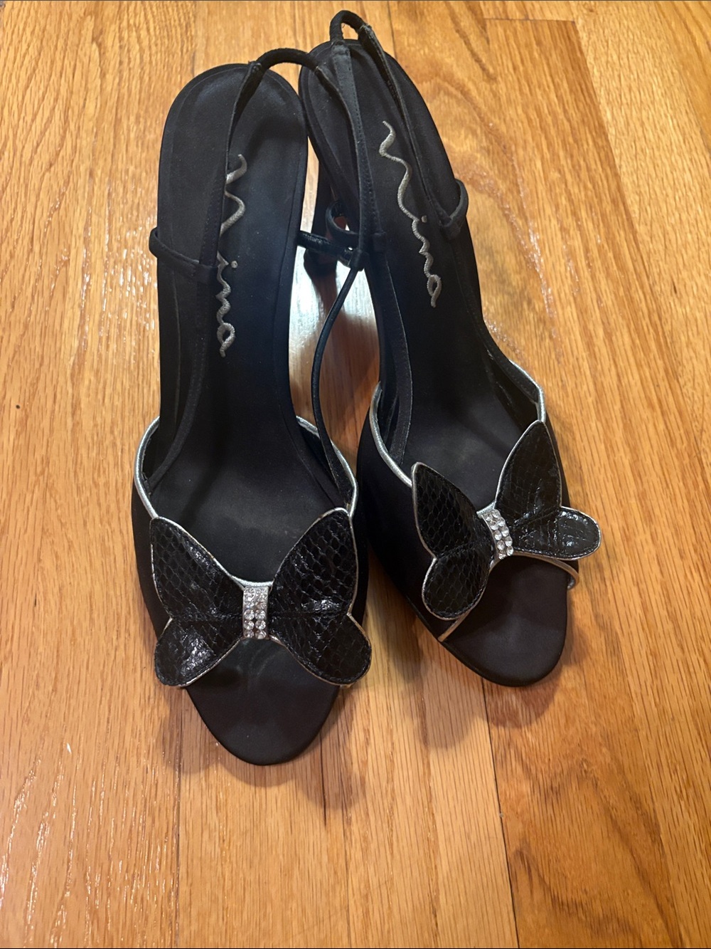 Nina Black Peep-Toe Slingback Heels with Rhinestone Butterfly